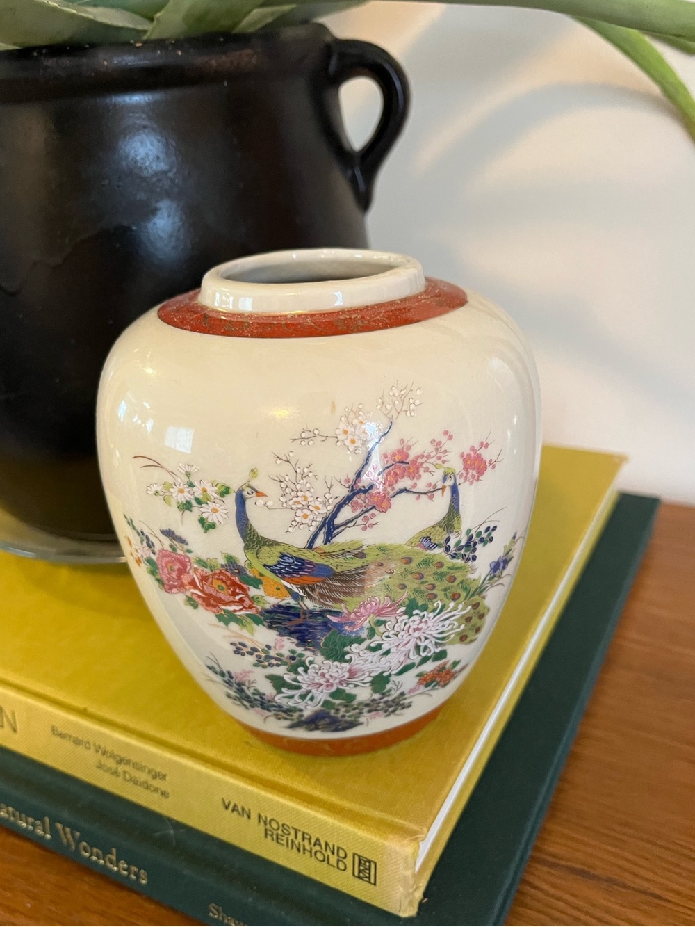 Decorative Cream Ceramic Vase with Peacock